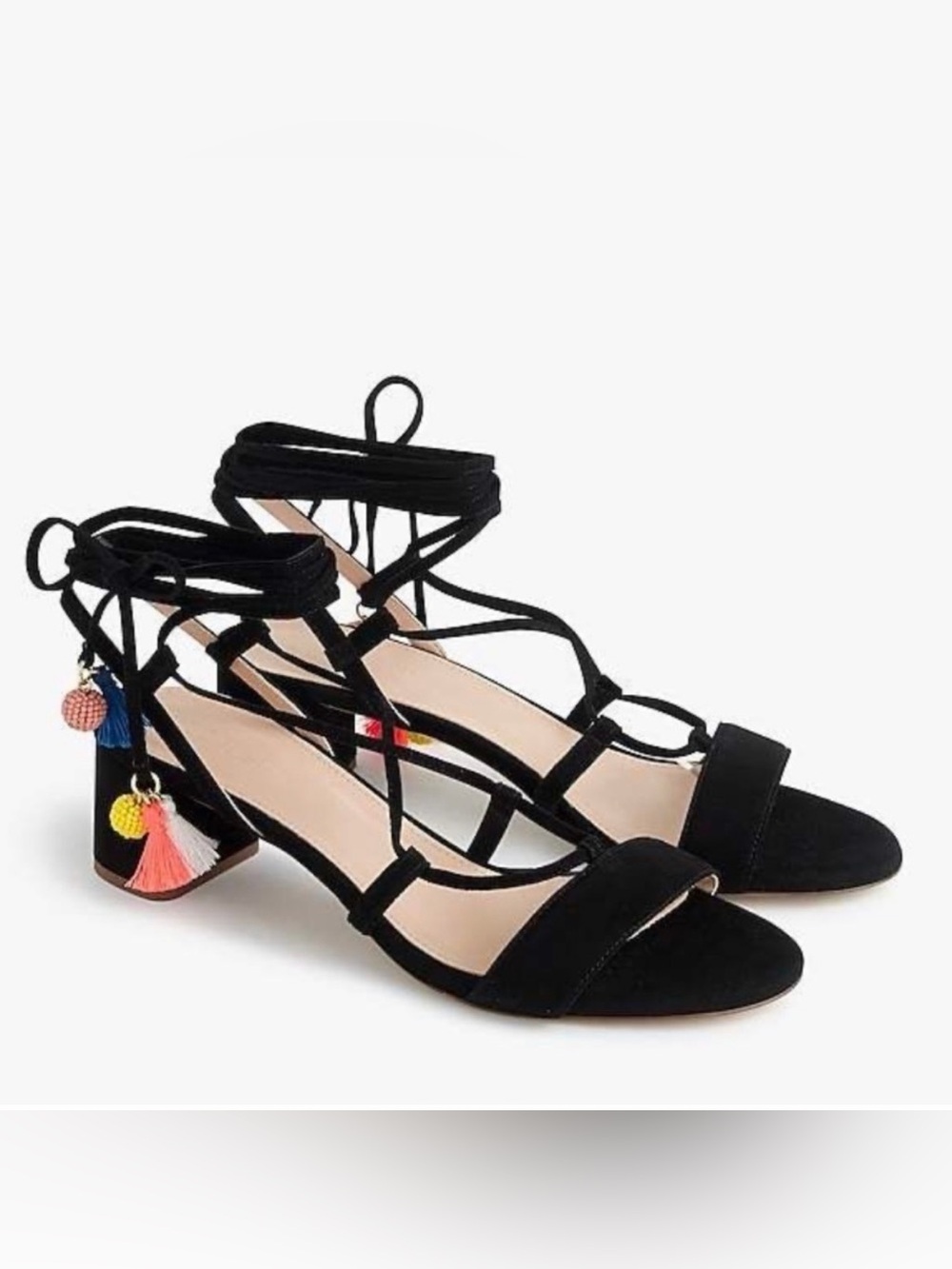 J. Crew Black Suede Block Heel Sandals with Colorful Tassel Accents
